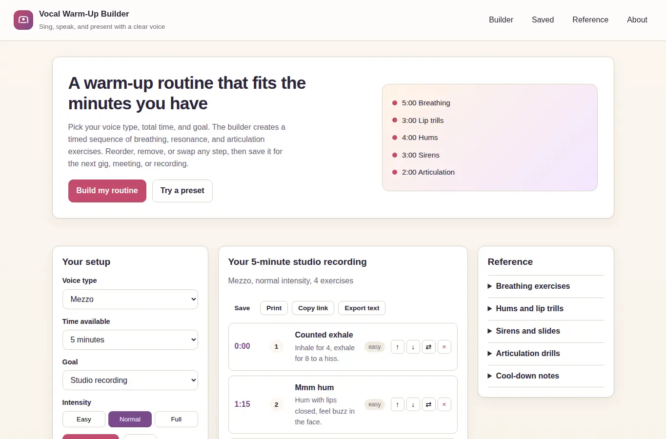 Screenshot of Vocal Warm-Up Routine Builder interface showing the project page in use